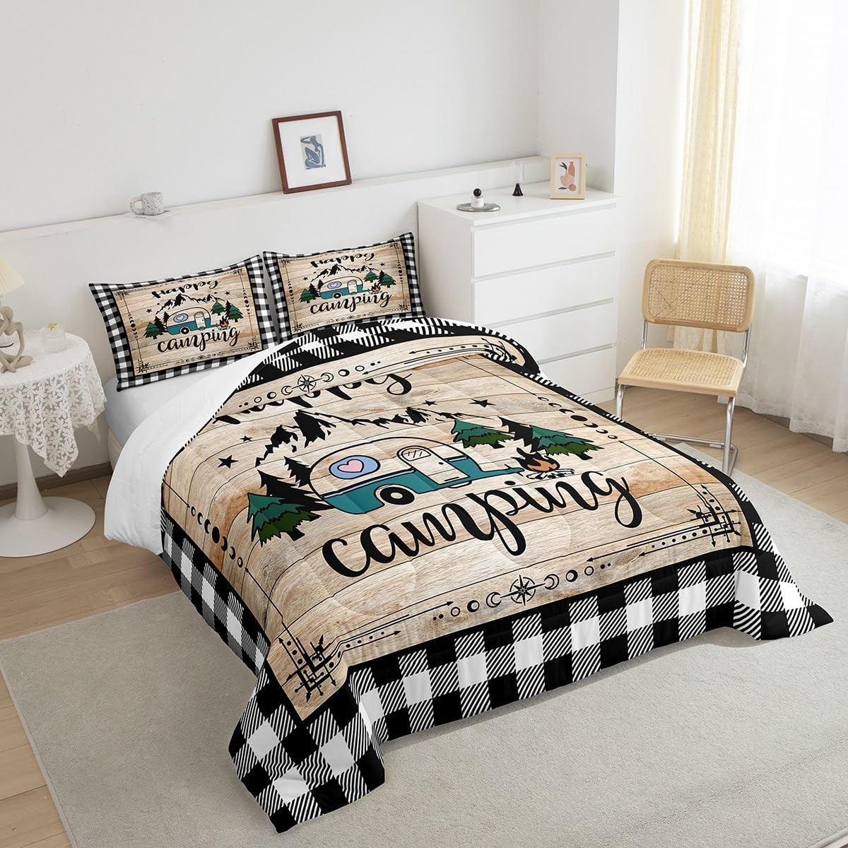 Camp Travel Car Comforter Set Balck and White Buffalo Plaid Queen Bedding Set...