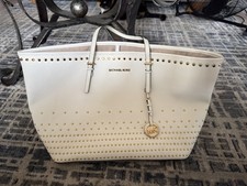 Borsa grande Michael Kors ottica bianca jet set borchie oro pelle saffiano