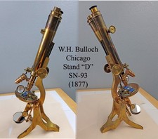 W H BULLOCH CHICAGO ANTIQUE BRASS BINOCULAR MICROSCOPE STAND "D" SN-93, 1877
