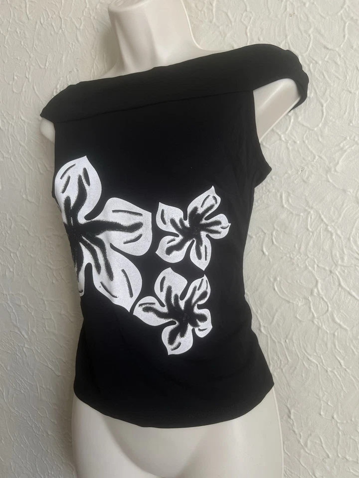 Chaleco Bardot Floral Flor Negra Joseph Ribkoff Cami Top Adornado De Colección Y2k M Foto 3 de 4