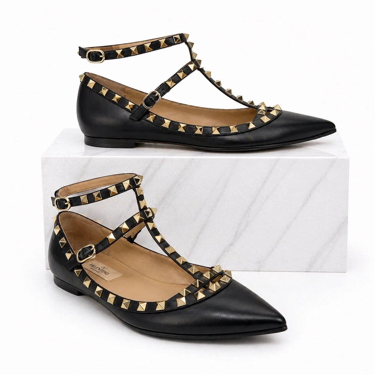 Valentino — Valentino Garavani Rockstud Caged Leather Ballet Flats Black Women Size 38