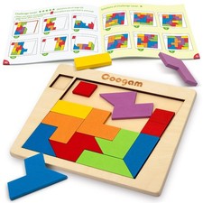 Colorful Wooden Geometric Puzzle Blocks - 3D Tangram Brain Teasers, STEM IQ Game