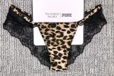 Victorias Secret VerySexy NWT Medium Satin Leopard Print Cheeky Panty Lace Black