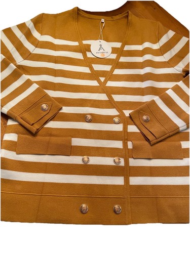 Anrabess Sweater Gold And White Stripe Double Breasted Cardigan Sz Small
