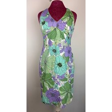 Ann Taylor LOFT Halter Dress 10P Green Purple Floral Retro Mod Cotton Sheath