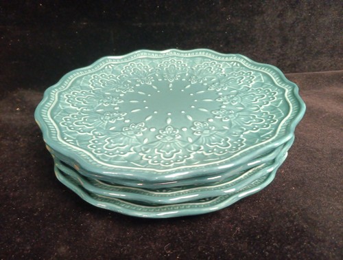 Pioneer Woman Paige Teal Blue Salad Plate Scalloped Beaded Edge 8.5" Set of 4 - Picture 7 of 7