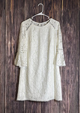 Vince Camuto Womens White Lace Shift Dress Blouson 3/4 Sleeve Size M Elegant