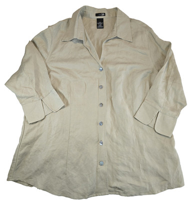 NWT East 5th Womens 2X Linen Blend Khaki 3/4 Sleeves Blouse Pockets Classic