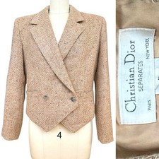 VTG Christian Dior Cropped Tweed Blazer Double Breasted Wool Herringbone Pink 8