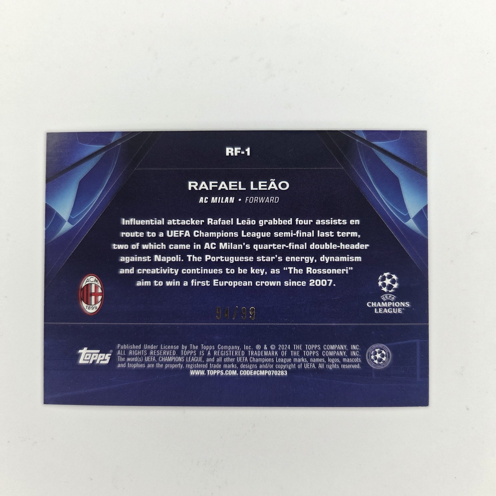 2023-24 Topps UEFA Rafael Leao Road To London 24 Insert Icy Blue /99 RF-1 Milan view 2