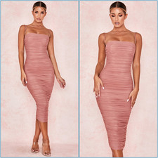 House of CB Sirene Midi Dress Size XS Antique Rose Pink Ruched Spaghetti Strap