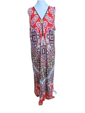 MSK Orange Pink & Aqua Paisley Slinky Jersey Knit Maxi Summer Sun Dress XL