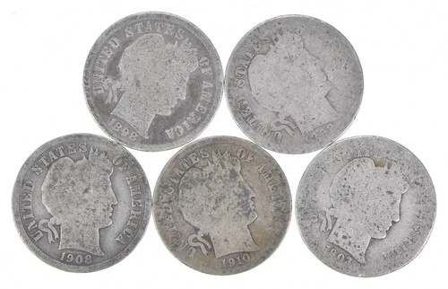 Better Lot 5 1898 1892 1908-D 1910-D 1903-O Barber Dime 0.50 Face *277