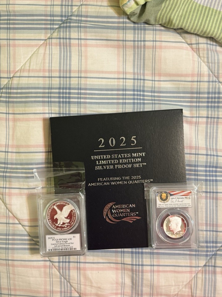PCGS 2025 S SILVER EAGLE & KENNEDY PR70 DCAM LIMITED EDITION W/6 COIN ...