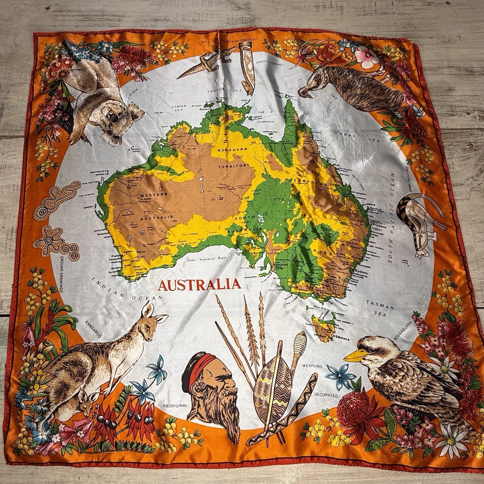 Vintage Ladies Souvenir Silk Scarf Australia Designed by Neil Acetate EUC