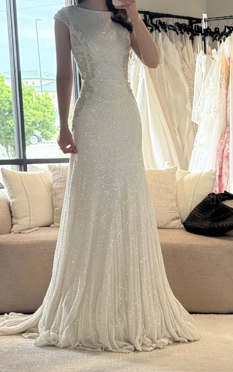 adrienne papel dresses Hand Beaded Short Sleeve Floral Godet Gown In Frosted Sage