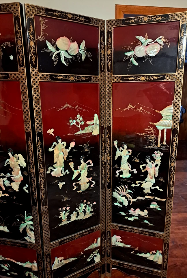 Madreperla vintage china de laca negra pintada a mano (divisor de habitaciones) Foto 3 de 4