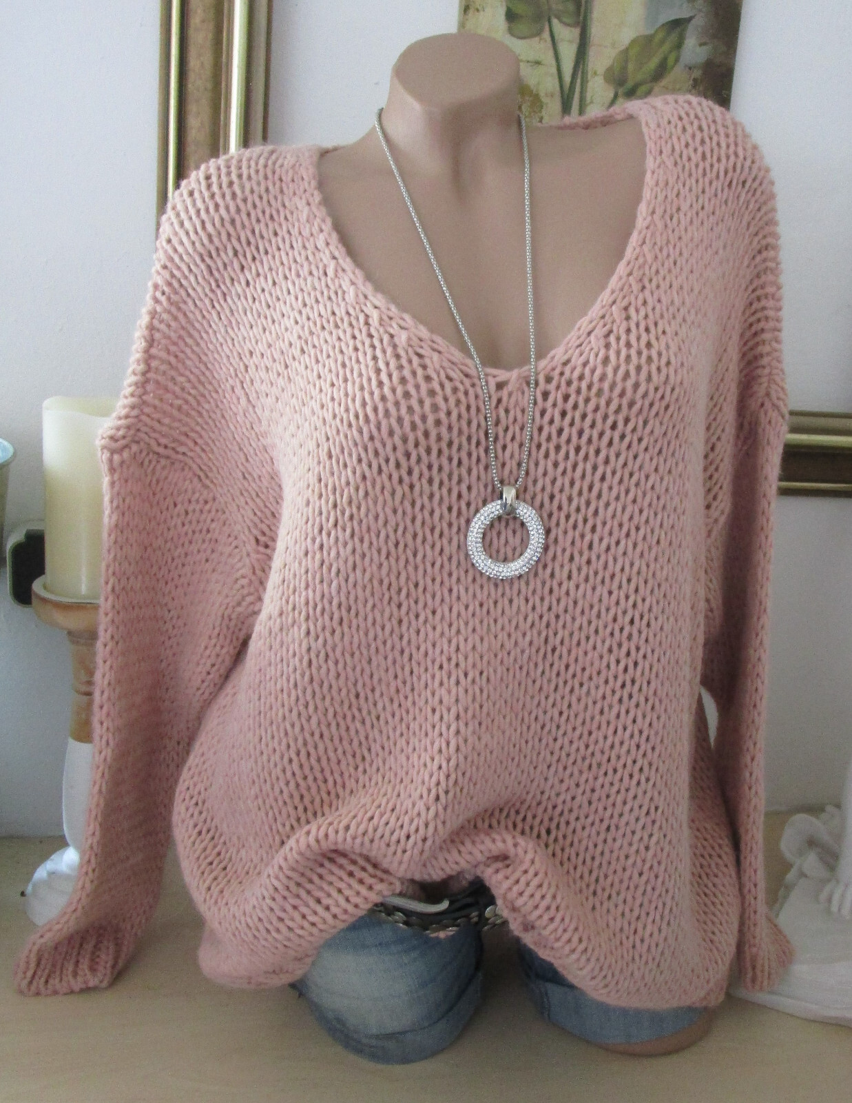 Neu Italy Warme Kuschel Strick Pullover Grob Pulli Oversize Alt-Rosa 38 40 42 S