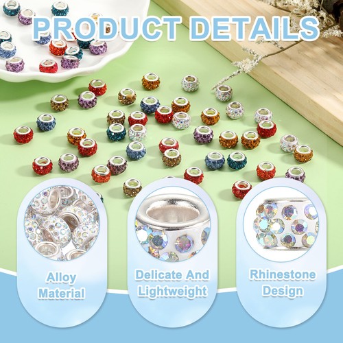 50Pcs European Large Hole Beads, Rhinestone Craft Beads, White AB - Picture 3 of 6