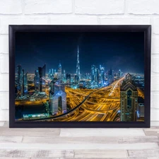Blue City Night Tower Modern Roads Road Highway Urban Cityscape Wall Art Print