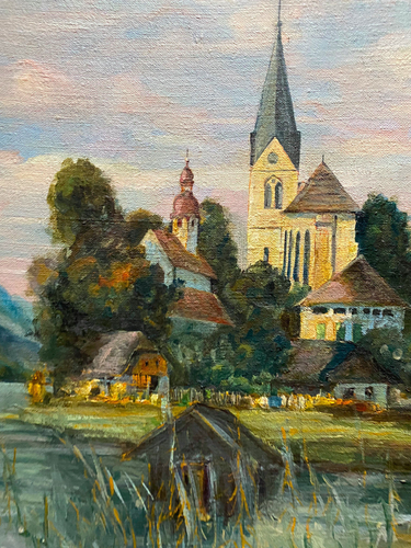 Oil Painting Undeutl. Sign 1991 River Landscape Before Village With Church Band - Picture 3 of 8