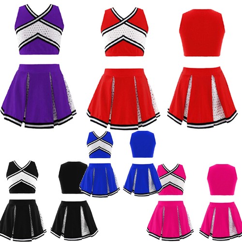 Kids Girls Uniform Carnival Set Cheerleading Outfit Striped V Neckline Dance - Picture 1 of 66