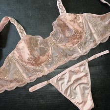 Victoria's Secret unlined 36D CORSET TOP BRA SET L PINK gold foil lace sequined
