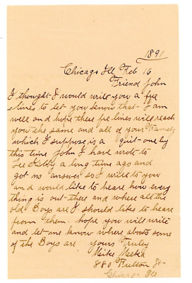 1891 Handwritten Letter Meike Meeka Chicago Illinois Antique Calligraphy