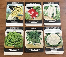 Antique Card Seed Co.-Celery, Radish, Lettuce, Cauliflower, Sorrell Seed Packets