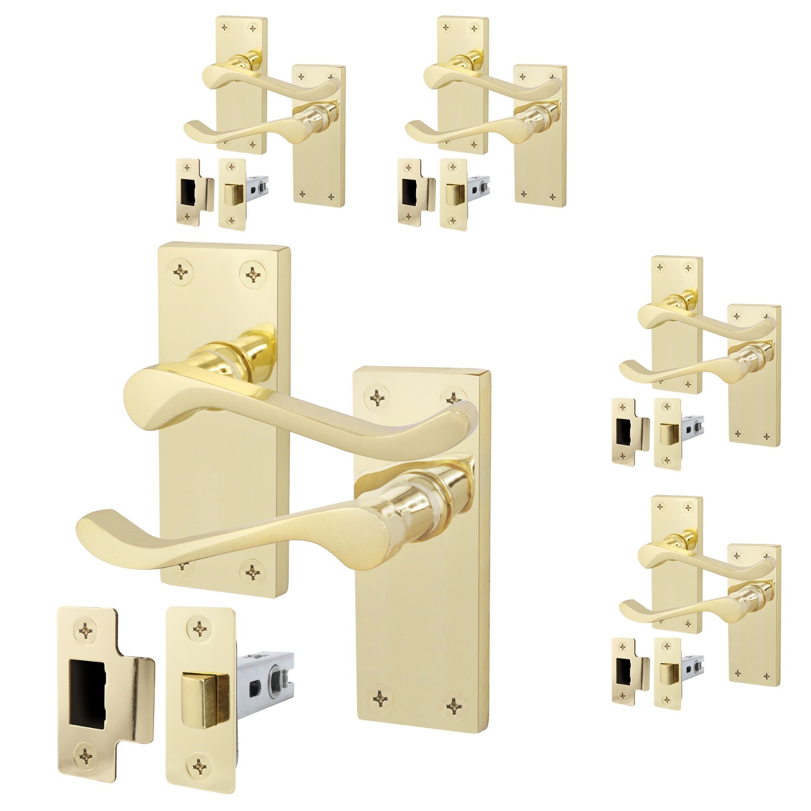 Polished Brass Victorian Scroll Door Handles & Latch Set | Pack of 5