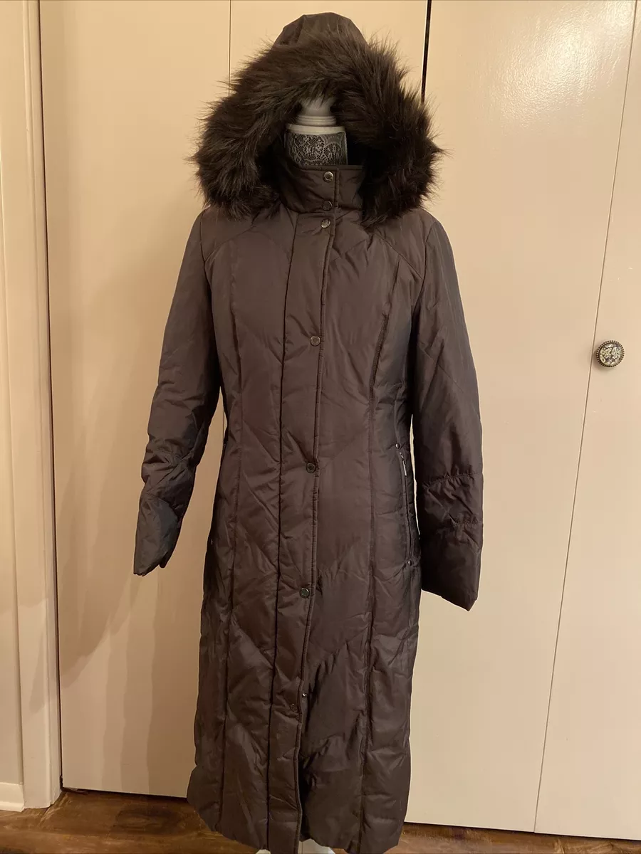 PLATINUM Long Brown Puffer Coat w faux Fur Removable Hood S