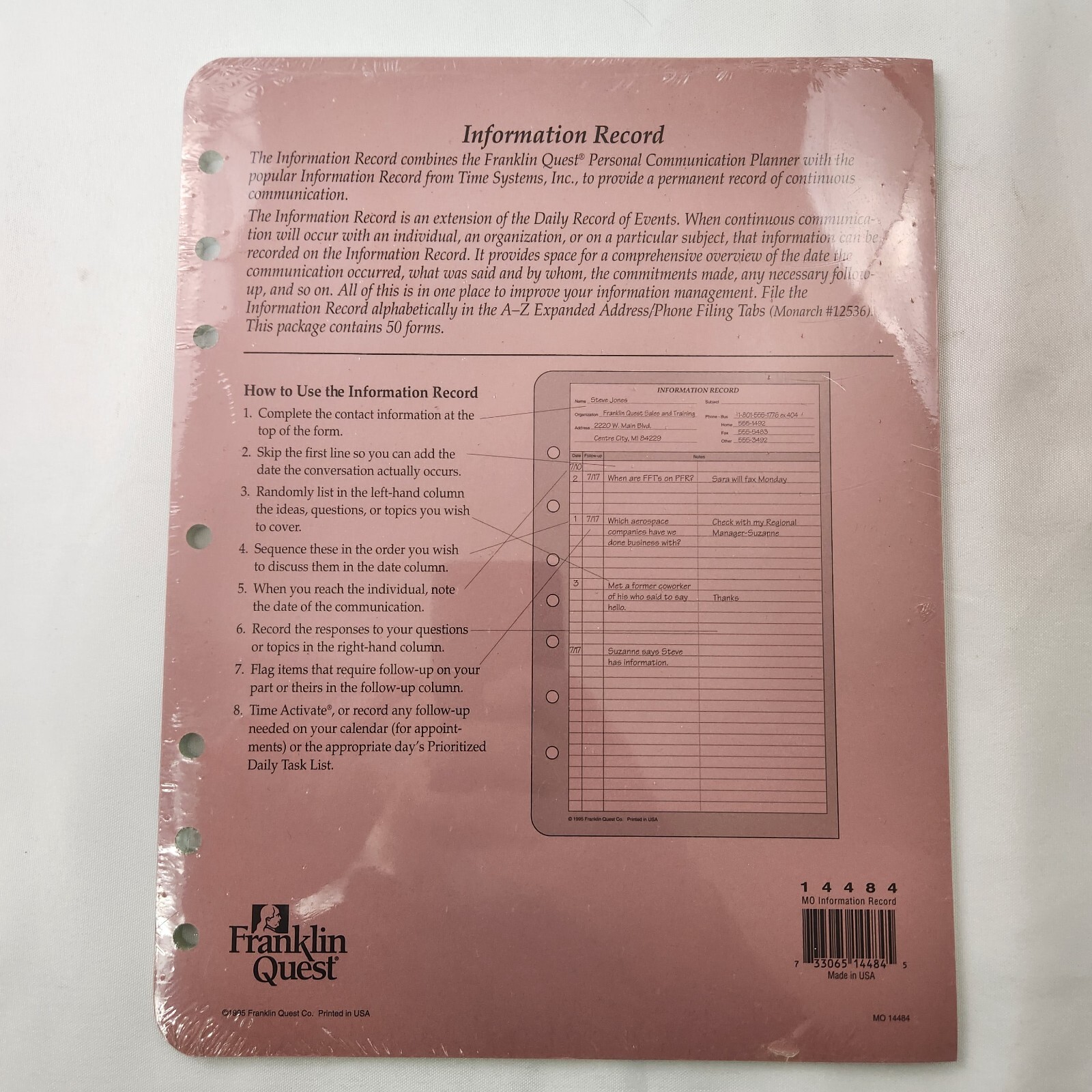 Information Record Forms Monarch Franklin Covey Planner Binder Refill