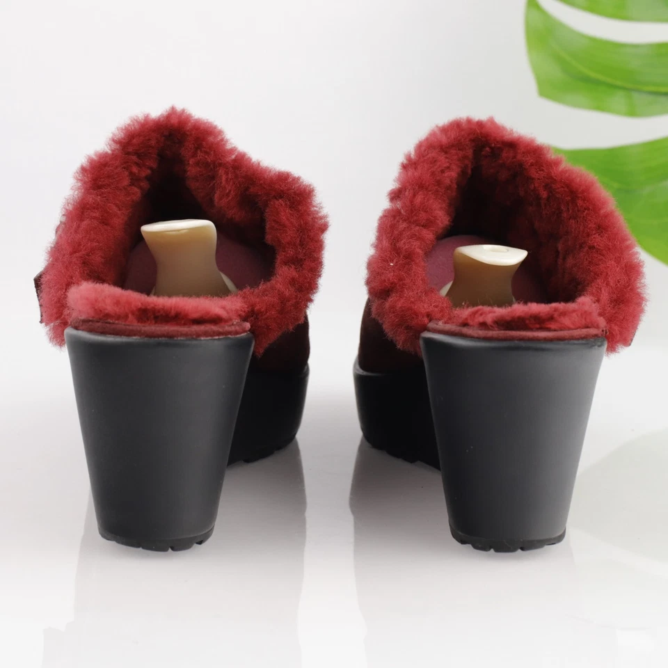 Zueco Via Spiga Mujer Mula Talla 9.5 Borgoña Rojo Gamuza Sherpa Tacón Cuña Y2K Años 90 Foto 4 de 4