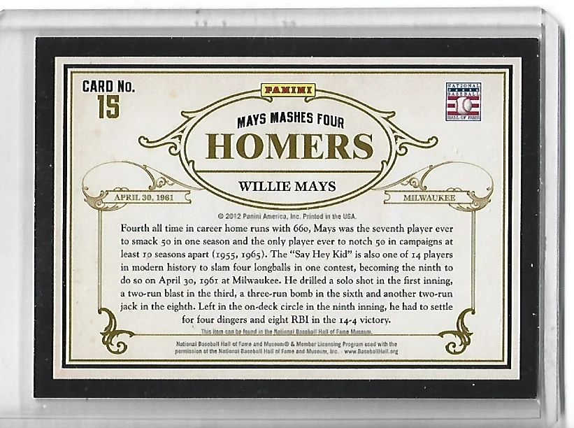 Willie Mays 2012 Panini Cooperstown Famous Moments #15-San Francisco Giants - Image 2 of 2