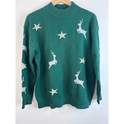 Talbots Green Reindeer Star Mock Neck Holiday Sweater NWT Large Festive Preppy