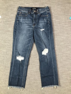Express Jeans Womens 6R Blue Cropped Straight Super High Rise Distressed Denim