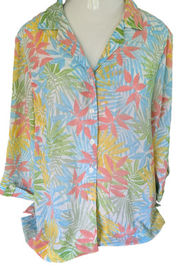 Cathy Daniels XL Tropical Print Crinkle Poly Sheer Button Tunic Blouse