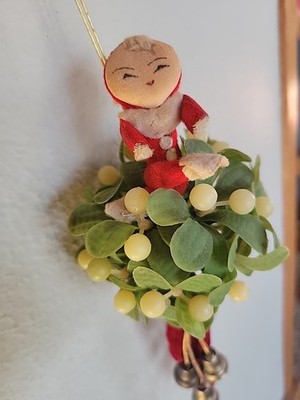Vintage Pixie Elf Christmas Ornament Ball Mistletoe MCM Retro Holiday Decoration