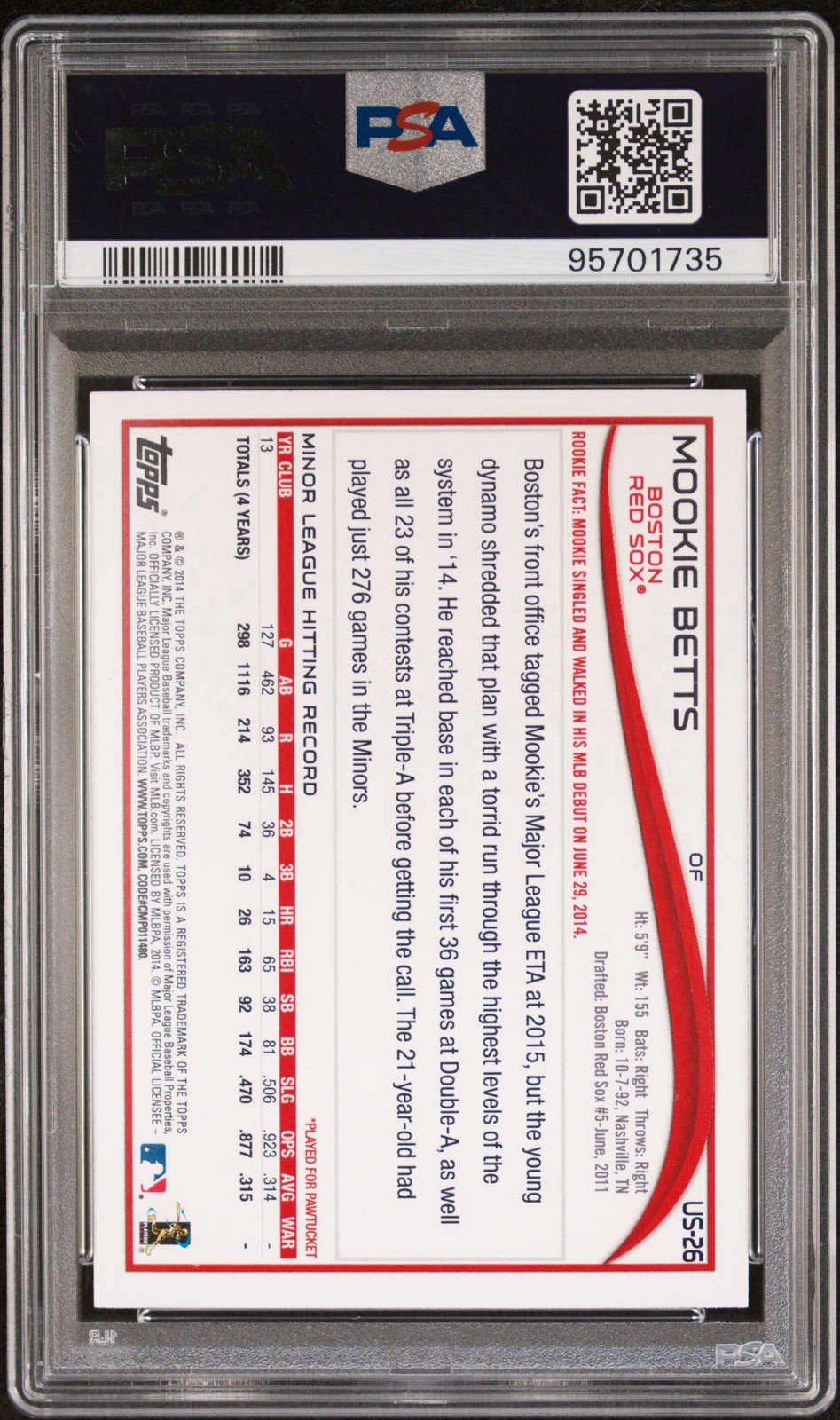 2014 Topps Update Mookie Betts RED HOT FOIL PSA 9 MINT Rookie #US26 view 2