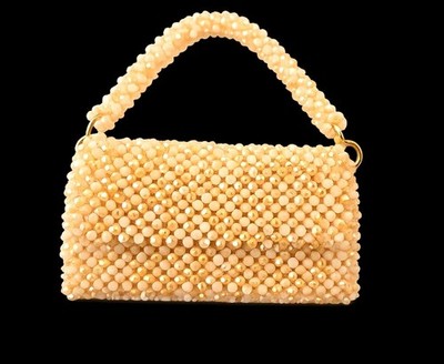 Champagne Beige Crystal Beaded Bag   Handmade Evening Purse with Chain Strap