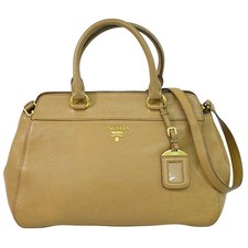 PRAD Leather 2way Shoulder Tote Handbag Beige Gold