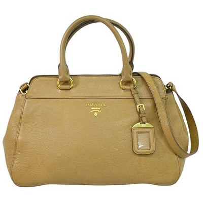 PRAD Leder 2-Wege Schultertasche Handtasche Beige Gold