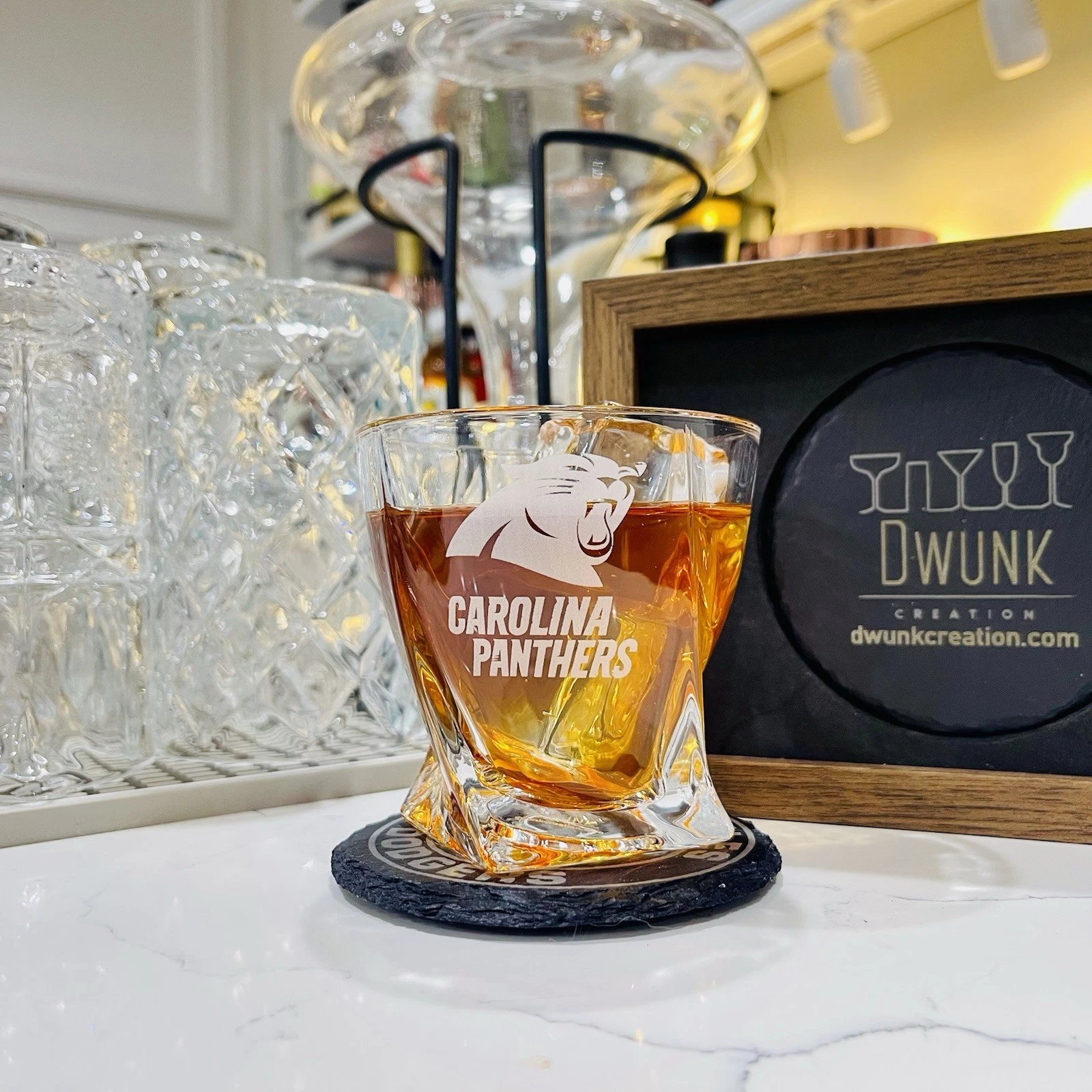 Engraved Carolina Panthers Whiskey Glass - Twisted Whiskey Glasses