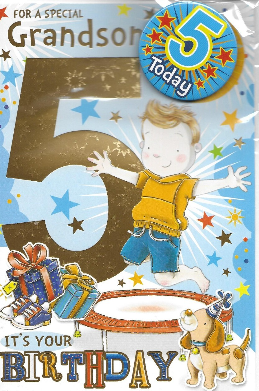Special Grandson 5th Fifth Birthday Card With Badge quality card paper insert