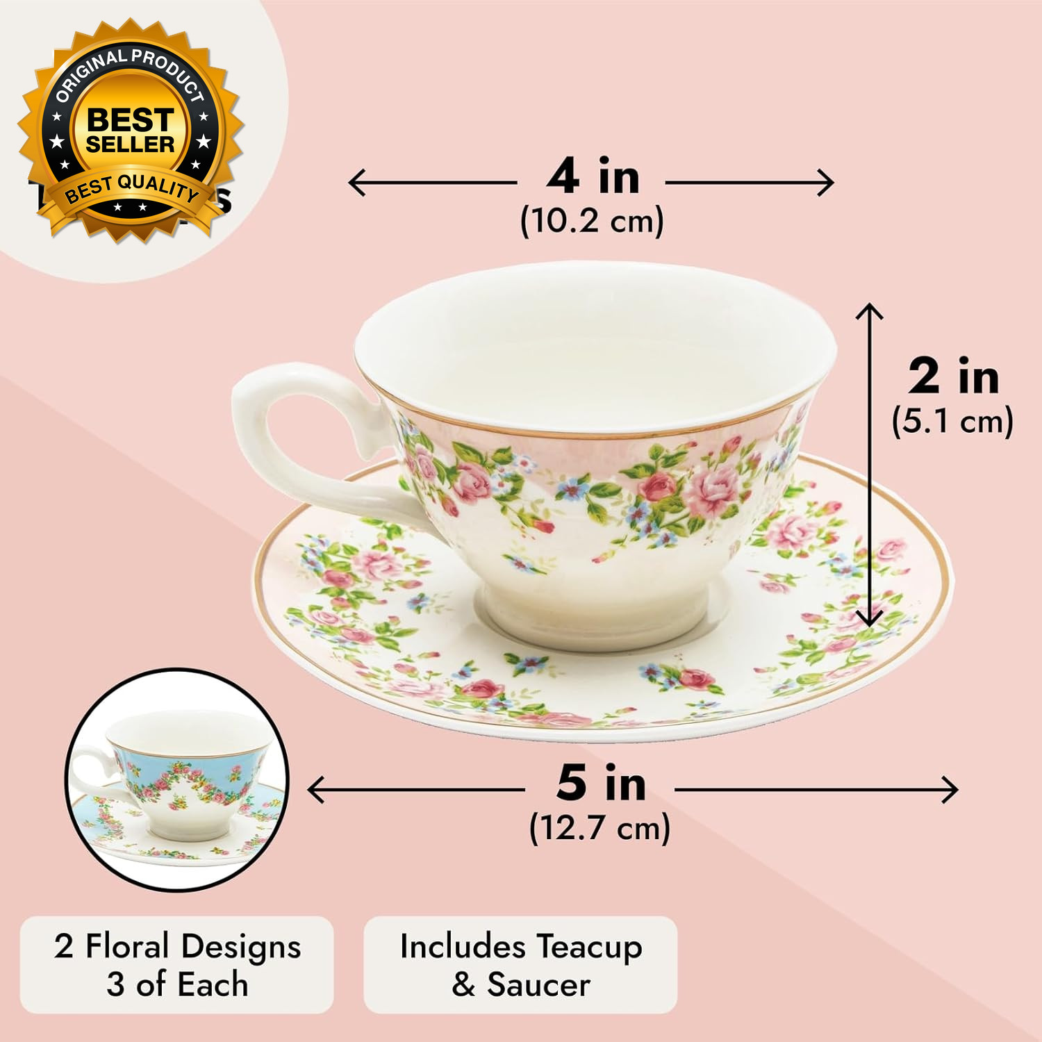 Vintage Floral Tea Cups & Saucers Set for Tea Parties  Bridal Showers  Garden