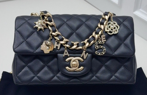 Chanel Classic Flap Mini Lambskin Chain Shoulder Crossbody Bag Black Gold