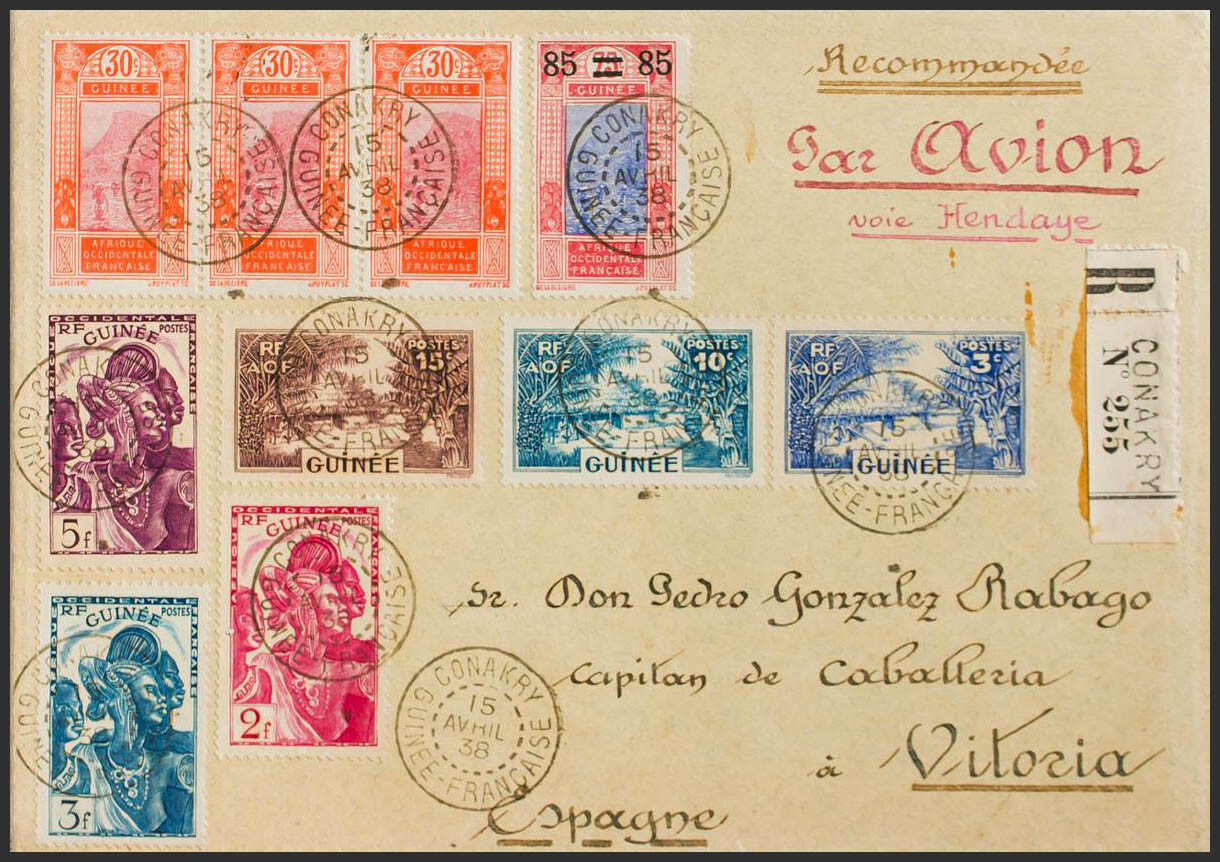 Guinea Francesa. SOBRE Yvert 142/44. 1938. 2 fr rosa lila, 3 fr azul verde, 5 f