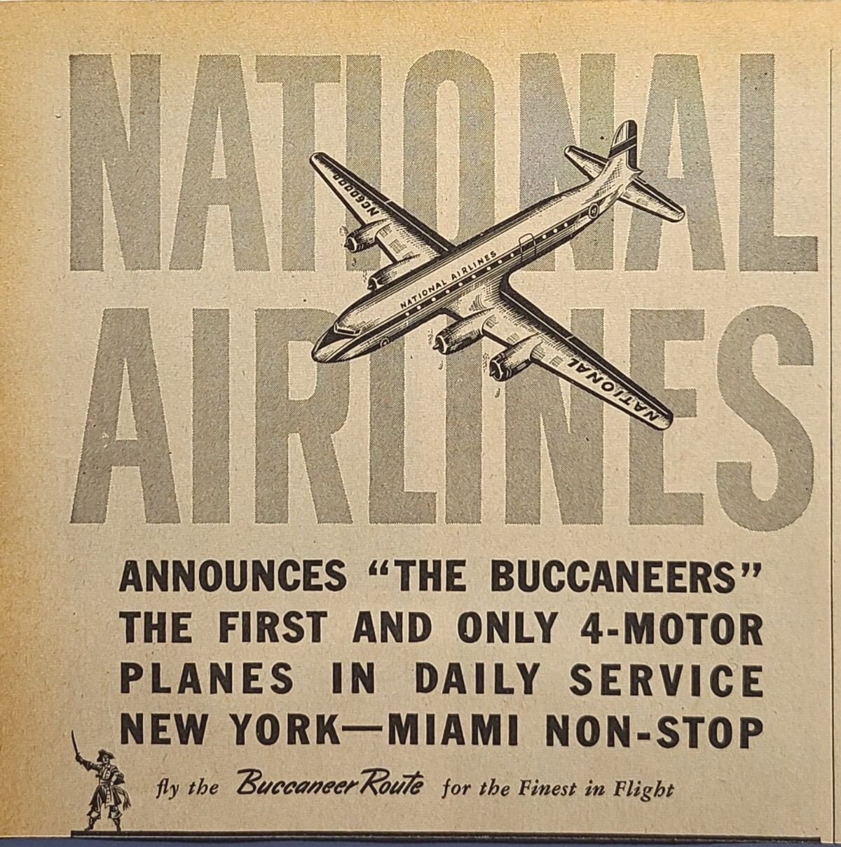 National Airlines New York Miami Non-Stop Buccaneer Route Vintage Print Ad 1946