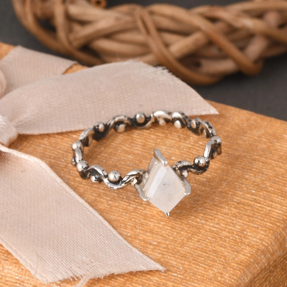 Moonstone Wave Band Ring Engagement 925 Sterling Silver Rings For Gift Her - Image 2 of 4