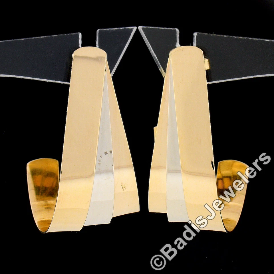 14k Rose White Yellow Gold Tri Color Flat Polished Flared Fanned Cuff Earrings - Image 2 of 4